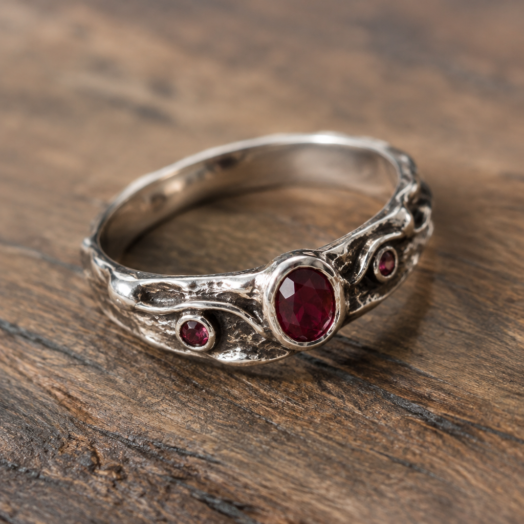 A rustic women's ring made of silver with ruby stones suitable for daily wear
photorealistic jewelry design, A rustic women's ring made of silver with ruby stones suitable for daily wear, rustic style, just the design no text