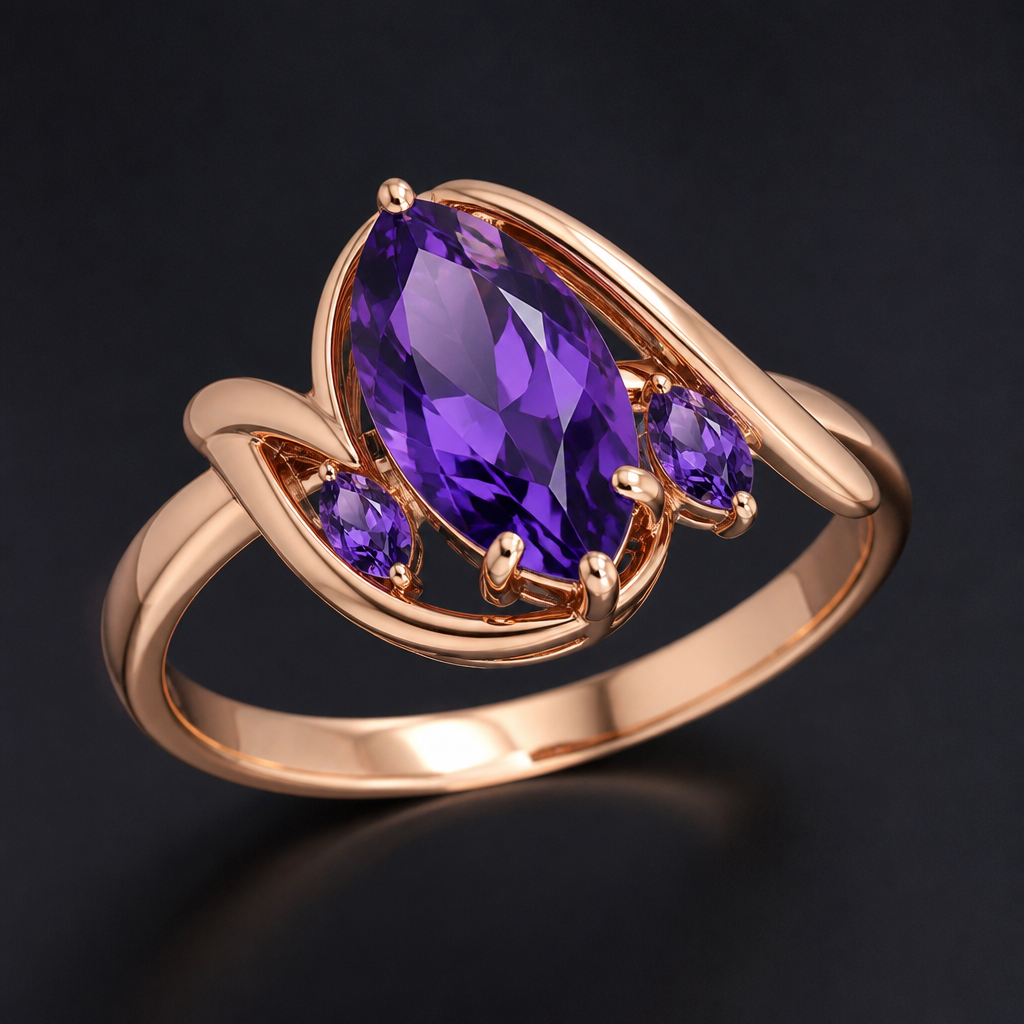 A women's ring with amethyst stones
photorealistic jewelry design, A women's ring with amethyst stones, modern style, just the design no text