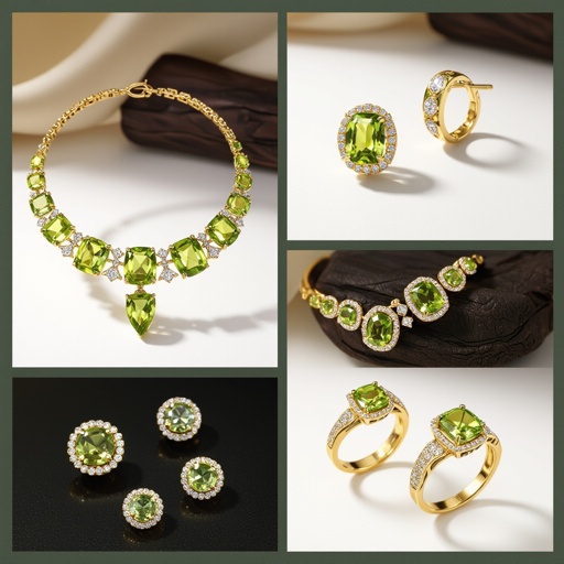Necklace and earring and rings within peridot and diamond with gold