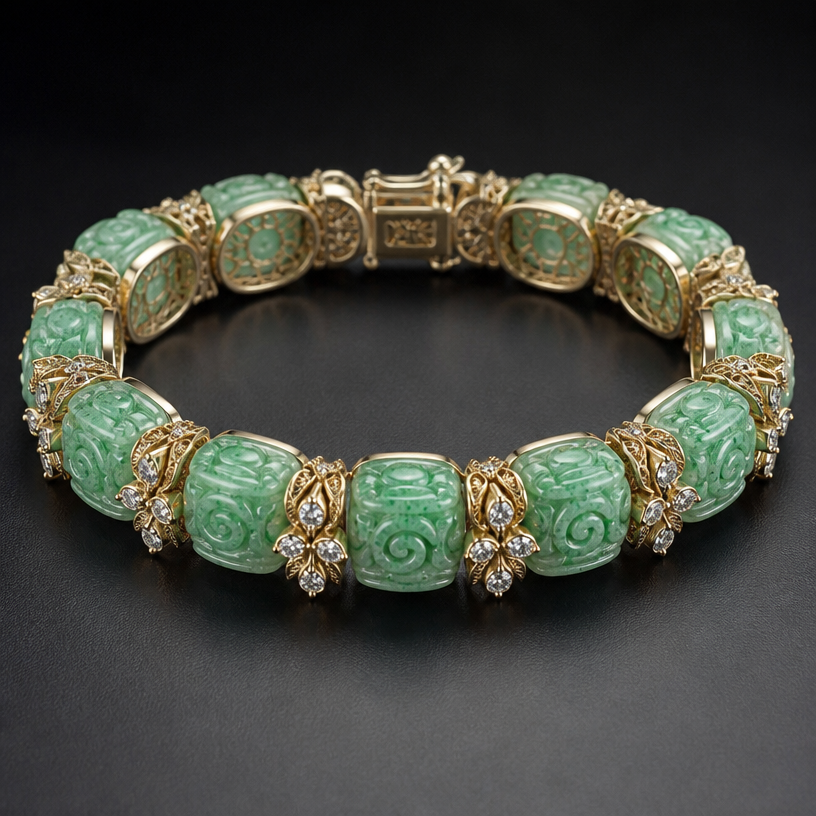 A minimalist women's bracelet with diamond stones, highly ornate, intricate and elaborate, richly detailed. Create a 6-inch bangle using the 12 beads shown in the attached picture. Each= bead is 9.7 millimeters long.
using the attached image as a visual reference, create A minimalist women's bracelet with diamond stones, highly ornate, intricate and elaborate, richly detailed. Create a 6-inch bangle using the 12 beads shown in the attached picture. Each= bead is 9.7 millimeters long.. photorealistic, just the design no text