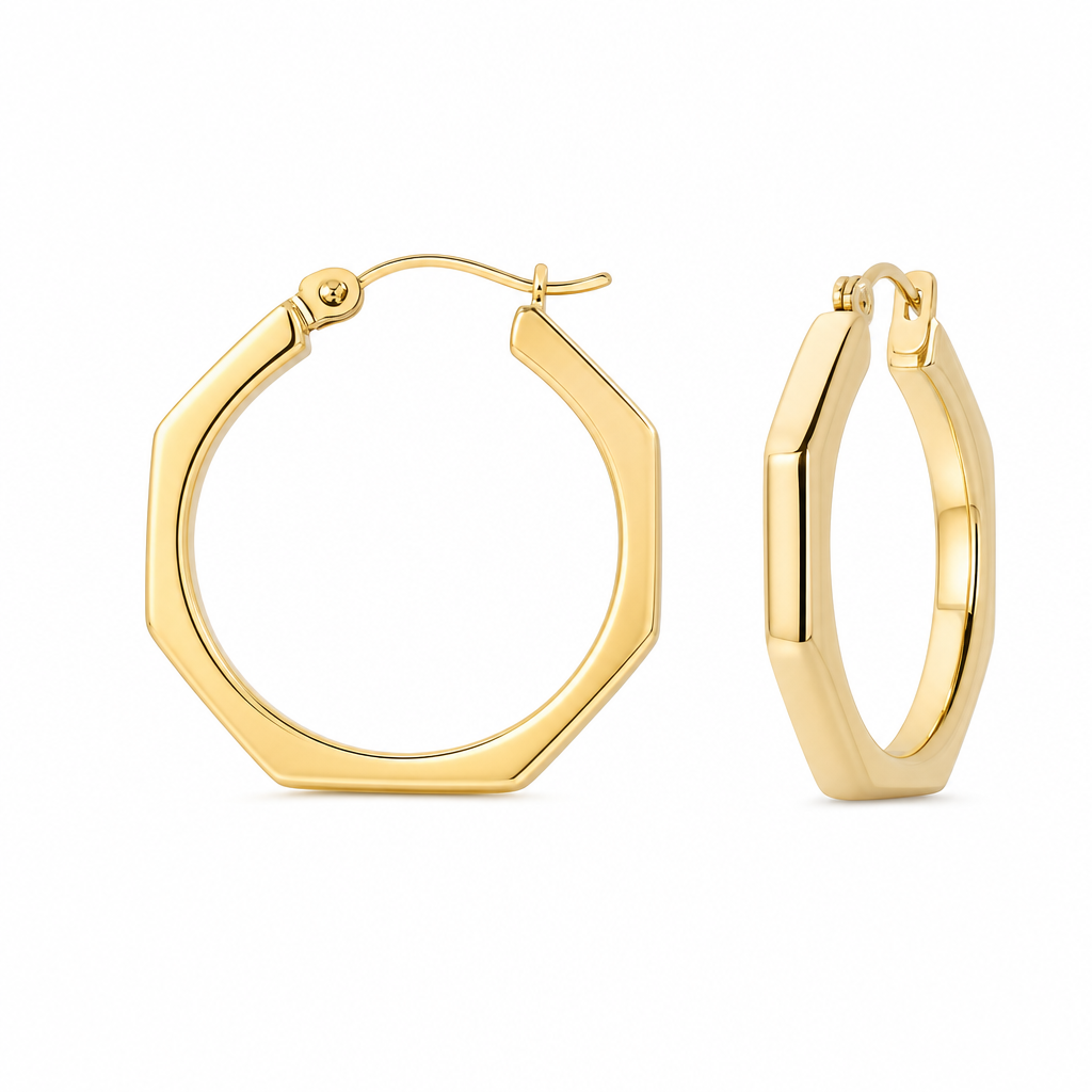 14K gold minimalist octagonal hoop earrings with slightly rounded edges, polished finish, everyday luxury style, studio soft lighting, sharp focus, commercial jewelry product photography, isolated on pure white background, square format 1:1 --ar 1:1
Minimalist jewelry: 14K gold octagonal hoop earrings with rounded edges, polished. Minimalist. Studio soft light, sharp focus, commercial jewelry product photo, isolated on pure white background, square format 1:1.