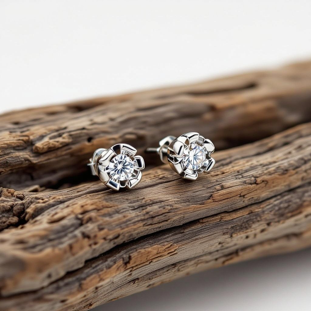 Пуссеты винтовой замок круглый символ цветка жизни с маленьким фианитом по центру