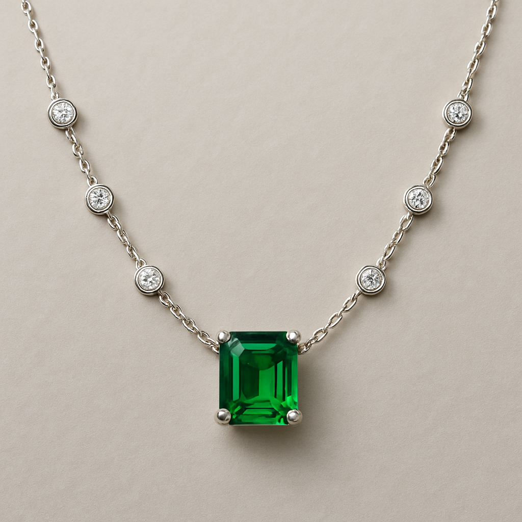 Diamond station necklace with one center diamond shaped emerald 