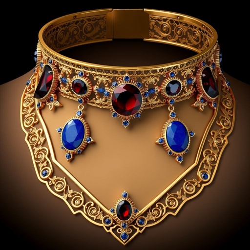 A bold, oversized choker that combines modern geometric shapes with organic, flowing forms. The base can be made of matte black metal for a sleek, contemporary look, with accents of polished silver or gold to add contrast. The centerpiece features an asymmetrical arrangement of vibrant, semi-precious gemstones—like turquoise, amethyst, or coral—set in irregular, handcrafted bezels for an organic feel. **Key Elements:** - **Shape:** Mix of sharp, angular lines with smooth, curved elements to create visual interest and balance. - **Materials:** Matte black or gunmetal base with shiny metallic accents; colorful gemstones or enamel inlays for pops of color. - **Texture:** Incorporate hammered or brushed finishes to add depth and tactile appeal. - **Size:** Oversized and layered, making it the focal point of any outfit, perfect for modern, edgy styling. **Inspiration Mood:** Think of a fusion between minimalist architecture and natural landscapes—craggy mountains, flowing rivers, and vibrant sunsets—capturing both strength and beauty. Imagine pairing this with sleek, monochrome outfits to let the jewelry stand out or with bohemian styles for a more eclectic, artistic vibe.