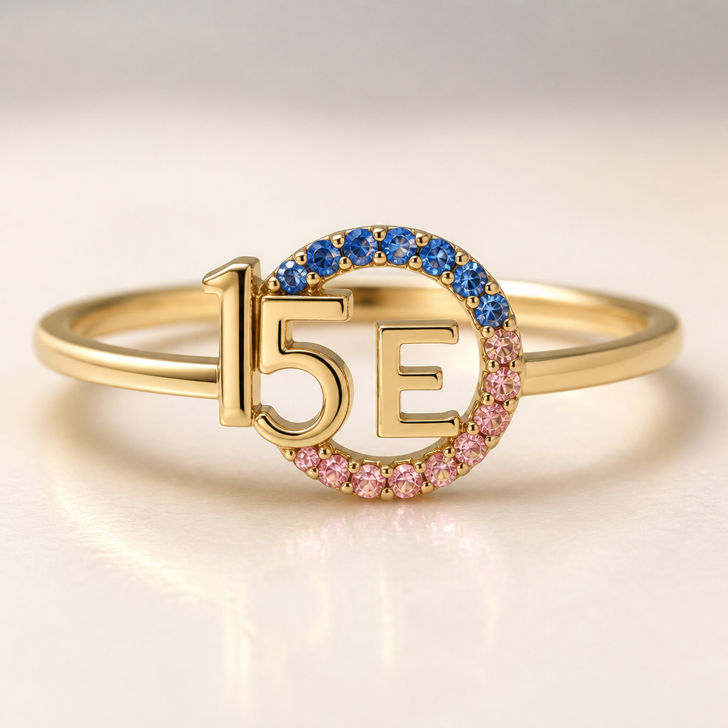 A contemporary women's ring made of gold, ultra-minimalist, very simple and clean, understated, no embellishments. um anel de 15 anos com inicial E com pedrinhas azul e pedrinhas rosa em volta
photorealistic jewelry design, A contemporary women's ring made of gold, ultra-minimalist, very simple and clean, understated, no embellishments. um anel de 15 anos com inicial E com pedrinhas azul e pedrinhas rosa em volta, contemporary style, just the design no text