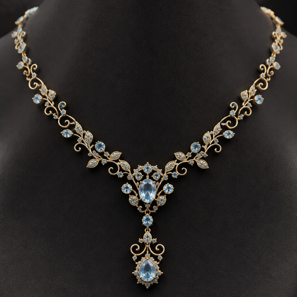 A cocktail women's necklace made of gold with topaz stones suitable for daily wear, highly ornate, intricate and elaborate, richly detailed. delicado y sencillo con pequeñas aguamarinas
photorealistic jewelry design, A cocktail women's necklace made of gold with topaz stones suitable for daily wear, highly ornate, intricate and elaborate, richly detailed. delicado y sencillo con pequeñas aguamarinas, cocktail style, just the design no text