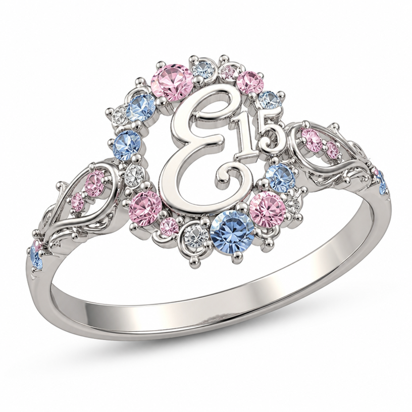 A minimalist women's ring, highly ornate, intricate and elaborate, richly detailed. um anel de 15 anos com inicial E com pedrinhas azul e pedrinhas rosa em volta
using the attached image as a visual reference, create A minimalist women's ring, highly ornate, intricate and elaborate, richly detailed. um anel de 15 anos com inicial E com pedrinhas azul e pedrinhas rosa em volta. photorealistic, just the design no text