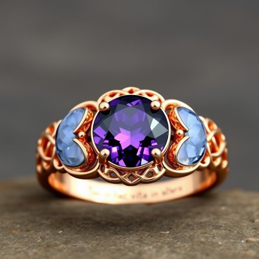 A simple, three stone 18 karat rose gold engagement ring set with a circular purple alexandrite. Also set with a small half moon cut blue chalcedony on one side right next to it, and a small half moon cut moonstone set on the other side right next to it. On the inside of the band, it has an inscription reading, “Tuum. Et in hac vita et in altera.”