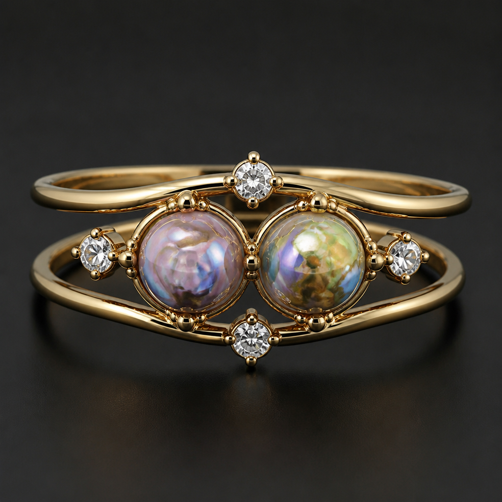 Thin double band with two colorful pearl marble like stones in the middle with 6 diamonds around it or on bands
photorealistic jewelry design, Thin double band with two colorful pearl marble like stones in the middle with 6 diamonds around it or on bands , baroque style, just the design no text
