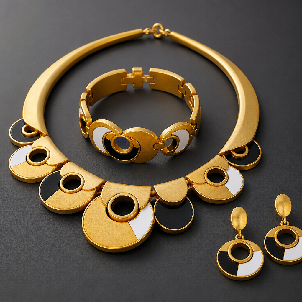 Prompt: A luxurious 21k gold jewelry set consisting of a necklace, bracelet, and earrings. The design is a sophisticated blend of semicircles and circular rings. The gold has a rich, deep yellow color with a distinct matte texture and soft satin finish. Decorated with intricate, delicate enamel work (enameling) in contrasting solid black and pure white colors. High-end jewelry design, professional macro photography, soft studio lighting highlighting the matte gold texture and sharp enamel details, minimalist dark grey background, 8k resolution. --ar 4:3 --v 6.0