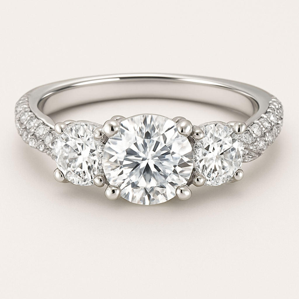 3 stone round 4 carat twisted pave band 