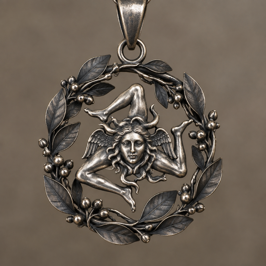 A rustic women's pendant made of silver suitable for daily wear, detailed and decorative, moderately ornate. ciondolo a forma di Trinacria con dettagli in rilievo e circondata da un cerchio di foglie di eucalipto in argento scurito
photorealistic jewelry design, A rustic women's pendant made of silver suitable for daily wear, detailed and decorative, moderately ornate. ciondolo a forma di Trinacria con dettagli in rilievo e circondata da un cerchio di foglie di eucalipto in argento scurito, rustic style, just the design no text