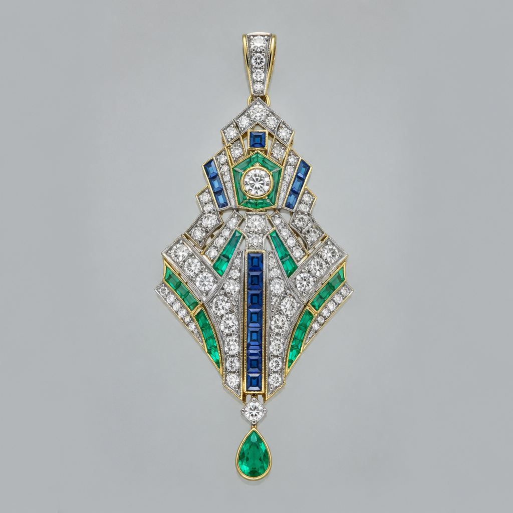 A art deco women's pendant made of mixed metal with diamond and emerald and sapphire stones suitable for wedding
photorealistic jewelry design, A art deco women's pendant made of mixed metal with diamond and emerald and sapphire stones suitable for wedding, art_deco style, just the design no text