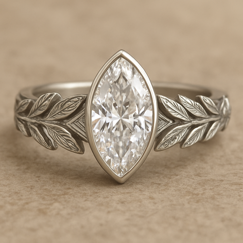 Bezel set 6 carat marquise diamond center stone with baguette diamonds in a herringbone pattern in the band