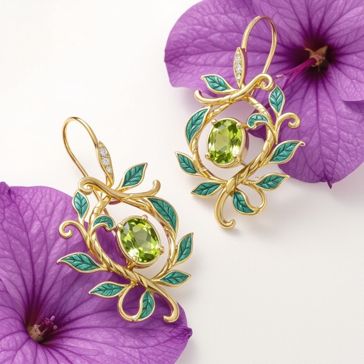 Inspired by the expressive forms of tropical lianas, golden vines entwine a pair of mantis-green peridots in a firm embrace. The vines are fully covered with turquoise-colored vitreous enamel, their curls accentuated by calligraphic strokes of painted gold. #jewelry #earrings #peridotearrings #peridotjewelry #greenearrings #peridot #vitreousenamel #jewelry #jewelryartist #ohrschmuck