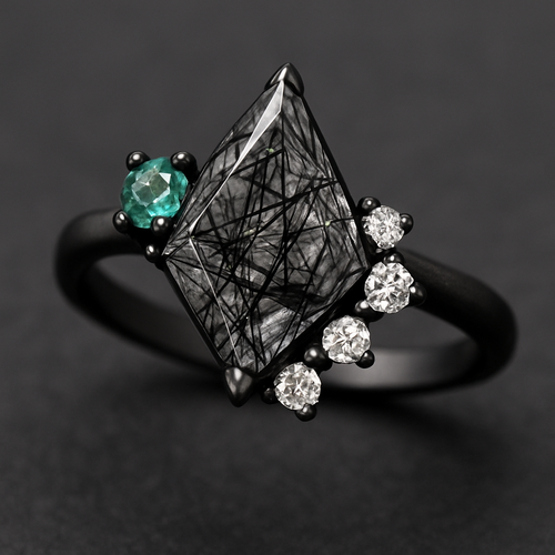 Kite cut Black rutilated quartz with emerald and moissanite accent stones in a cluster on a black band