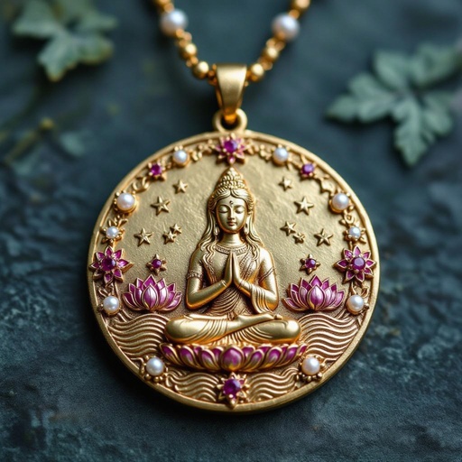 Кулон на длинной цепочке. Матовое светлое золото. В цепочке небольшие золотые шарики и розовые камушки и жемчуга. Кулон в форме неровного мятого круга. На круге изображена девушка с длинными волосами лица не видно в молитве и позе лотоса нечетко. Круг украшен лотосами звездами волнами узорами