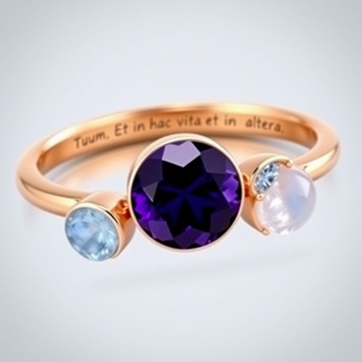 A simple, three stone 18 karat rose gold engagement ring set with a circular purple alexandrite. Also set with a small half moon blue chalcedony on one side right next to it, and a small half moon moonstone set on the other side right next to it. On the inside of the band, it has an inscription reading, “Tuum. Et in hac vita et in altera.”
