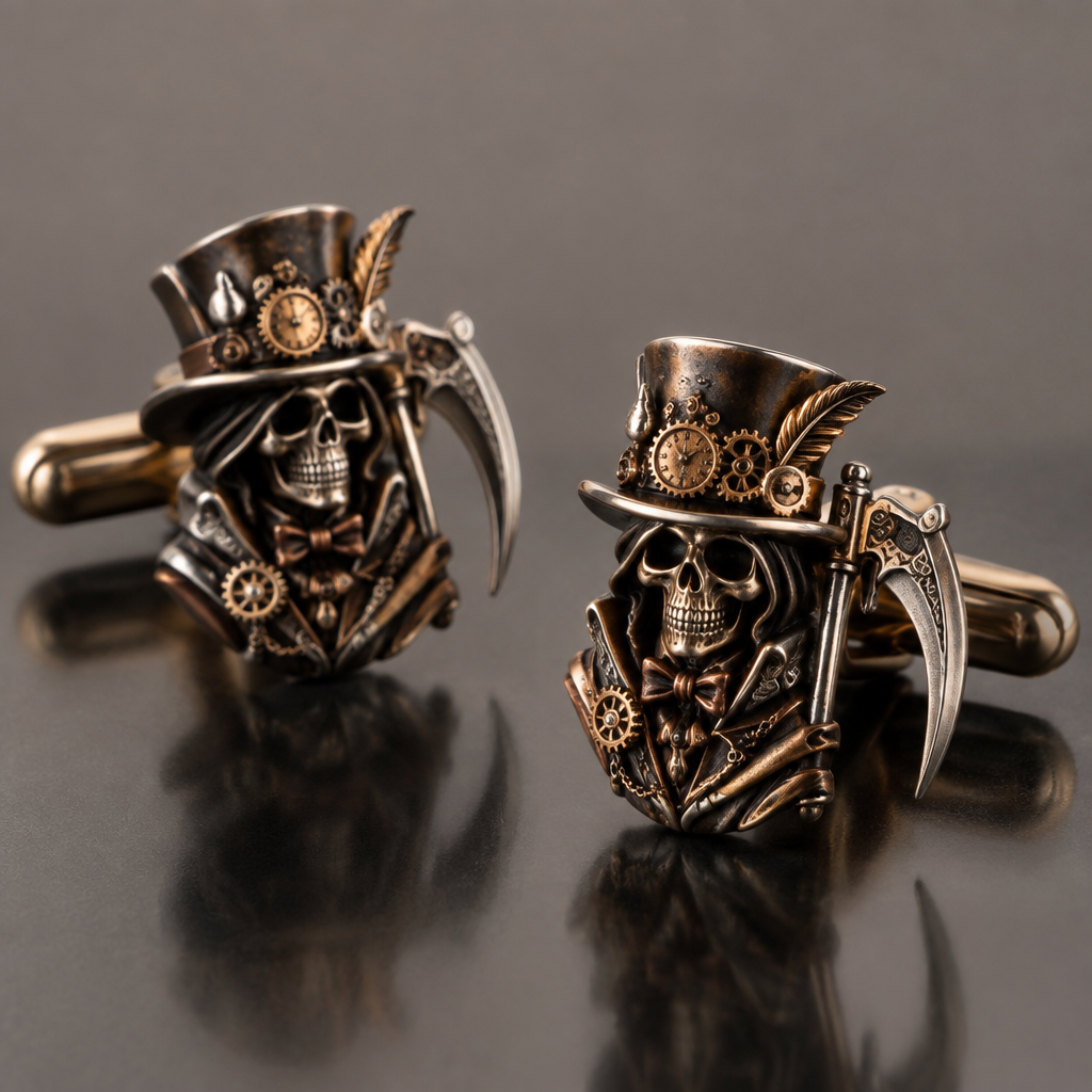 A steampunk men's cufflinks made of mixed metal suitable for formal. a reaper with a mix of the madhatter style
photorealistic jewelry design, A steampunk men's cufflinks made of mixed metal suitable for formal. a reaper with a mix of the madhatter style, steampunk style, just the design no text