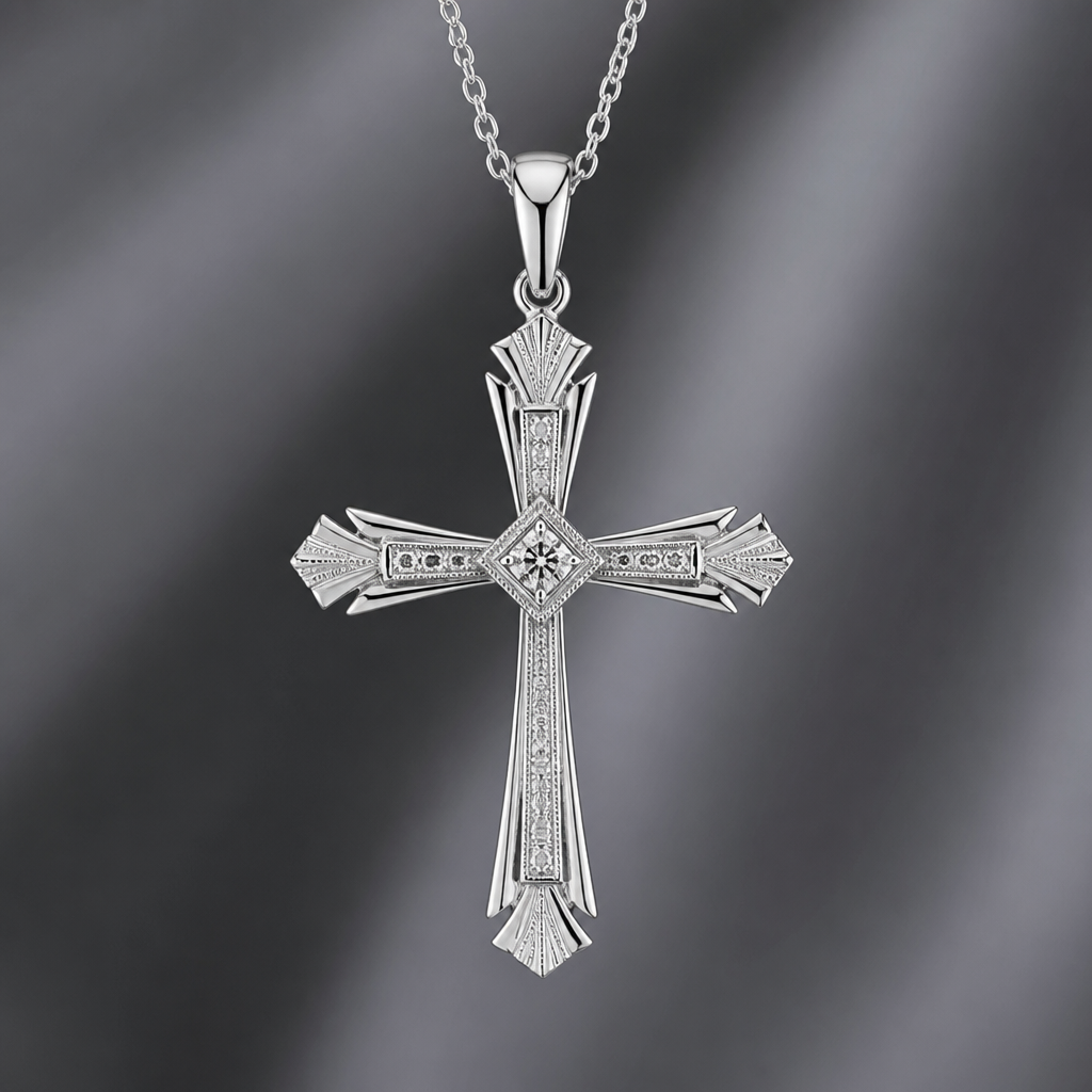 A art deco women's pendant made of silver suitable for daily wear. An extraordinary excellent beautiful delicate and elegant, super modern Cross.
photorealistic jewelry design, A art deco women's pendant made of silver suitable for daily wear. An extraordinary excellent beautiful delicate and elegant, super modern Cross., art_deco style, just the design no text