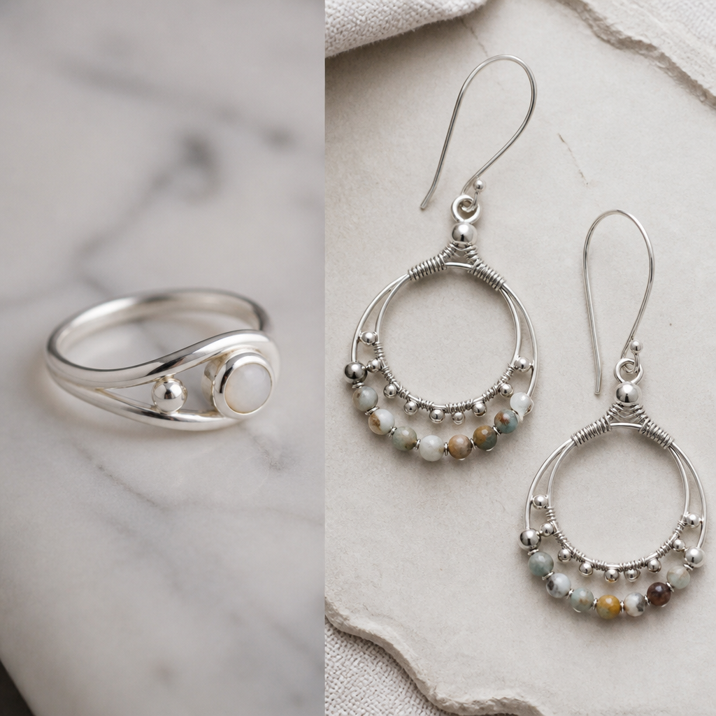 A women's ring made of silver suitable for daily wear. a bohemian style bead and wire set of hoop or dangle earrings
photorealistic jewelry design, A women's ring made of silver suitable for daily wear. a bohemian style bead and wire set of hoop or dangle earrings, modern style, just the design no text