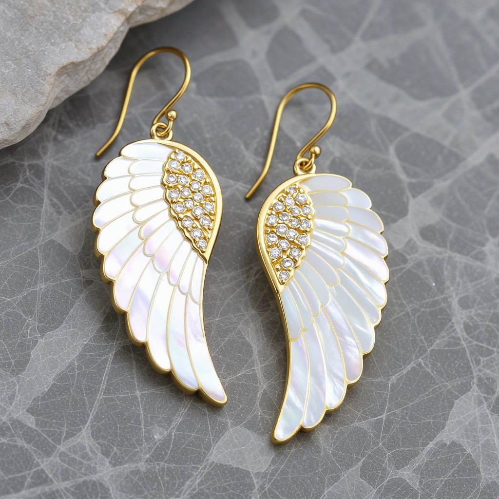 Серьги в виде белого крыла ангела из перламутра в золоте