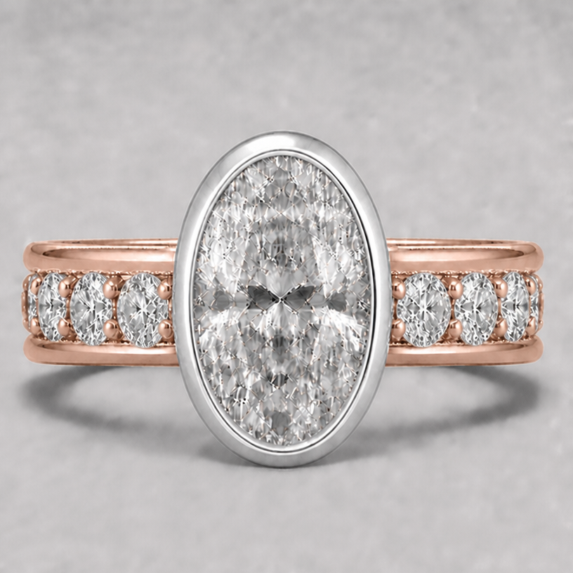 replace the round accent stones with oval shape accent stones
edit the attached jewelry design with these instructions: replace the round accent stones with oval shape accent stones. keep it photorealistic, just the design no text