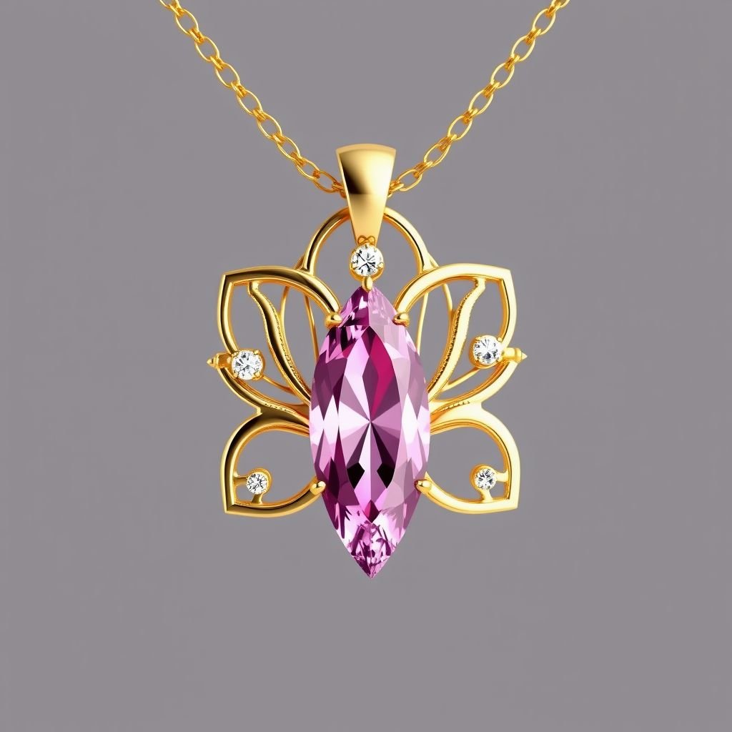 A fancy, everyday wear and elegant gold necklace with a pink color gemstone in a marquise cut. All the details are delicate and they rappresent the petals of the flower lotus. Add also two small white gems in the decor