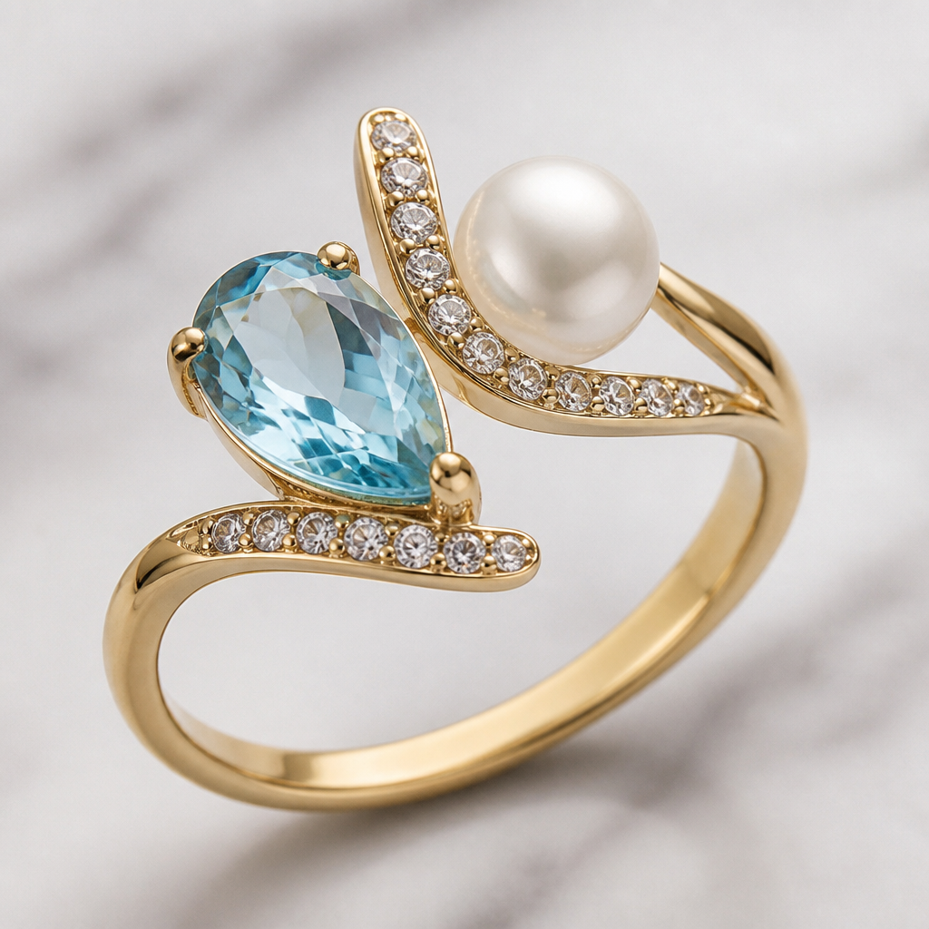 A women's ring with topaz and pearl stones suitable for birthday
photorealistic jewelry design, A women's ring with topaz and pearl stones suitable for birthday, modern style, just the design no text