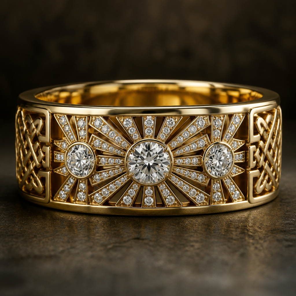 Create a very extremely masculine sunburst wedding band
Design, and 14 karat gold
Center stone will be a 0.50 carat diamond
Two side stones 0.25 carat diamonds
12 0.1 carat diamonds
12 0.05 carat diamonds
photorealistic jewelry design, Create a very extremely masculine sunburst wedding band
Design, and 14 karat gold
Center stone will be a 0.50 carat diamond
Two side stones 0.25 carat diamonds
12 0.1 carat diamonds
12 0.05 carat diamonds , byzantine style, just the design no text