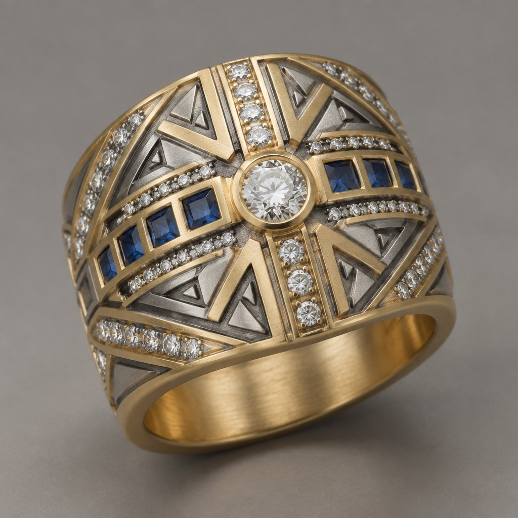 A tribal women's ring made of mixed metal with diamond and sapphire stones. design ring using 33 .10 carat diamonds, 7 .10 carat square sapphires, and one .50 carat round diamond. metals should be white and yellow gold with a matte finish. do not cluster gems.
photorealistic jewelry design, A tribal women's ring made of mixed metal with diamond and sapphire stones. design ring using 33 .10 carat diamonds, 7 .10 carat square sapphires, and one .50 carat round diamond. metals should be white and yellow gold with a matte finish. do not cluster gems., tribal style, just the design no text