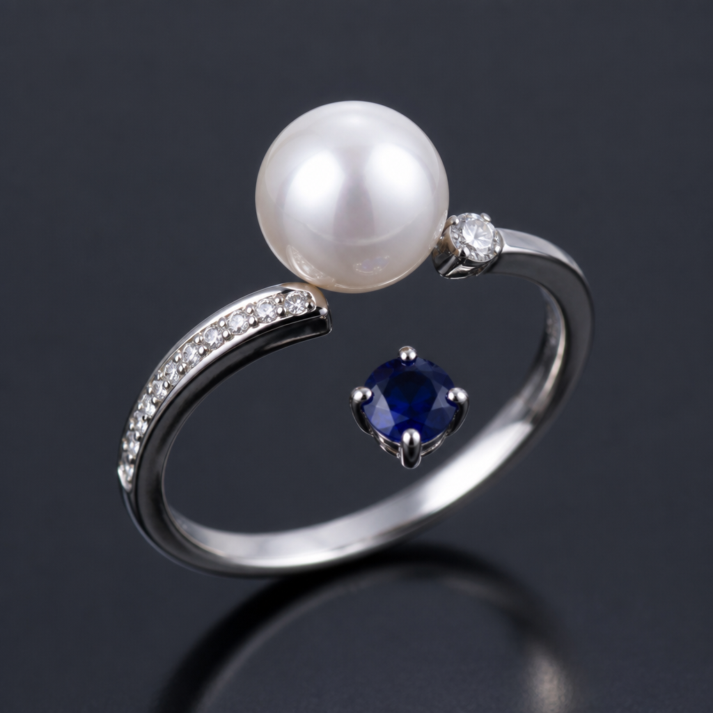 A women's ring with pearl and sapphire and diamond stones
photorealistic jewelry design, A women's ring with pearl and sapphire and diamond stones, modern style, just the design no text