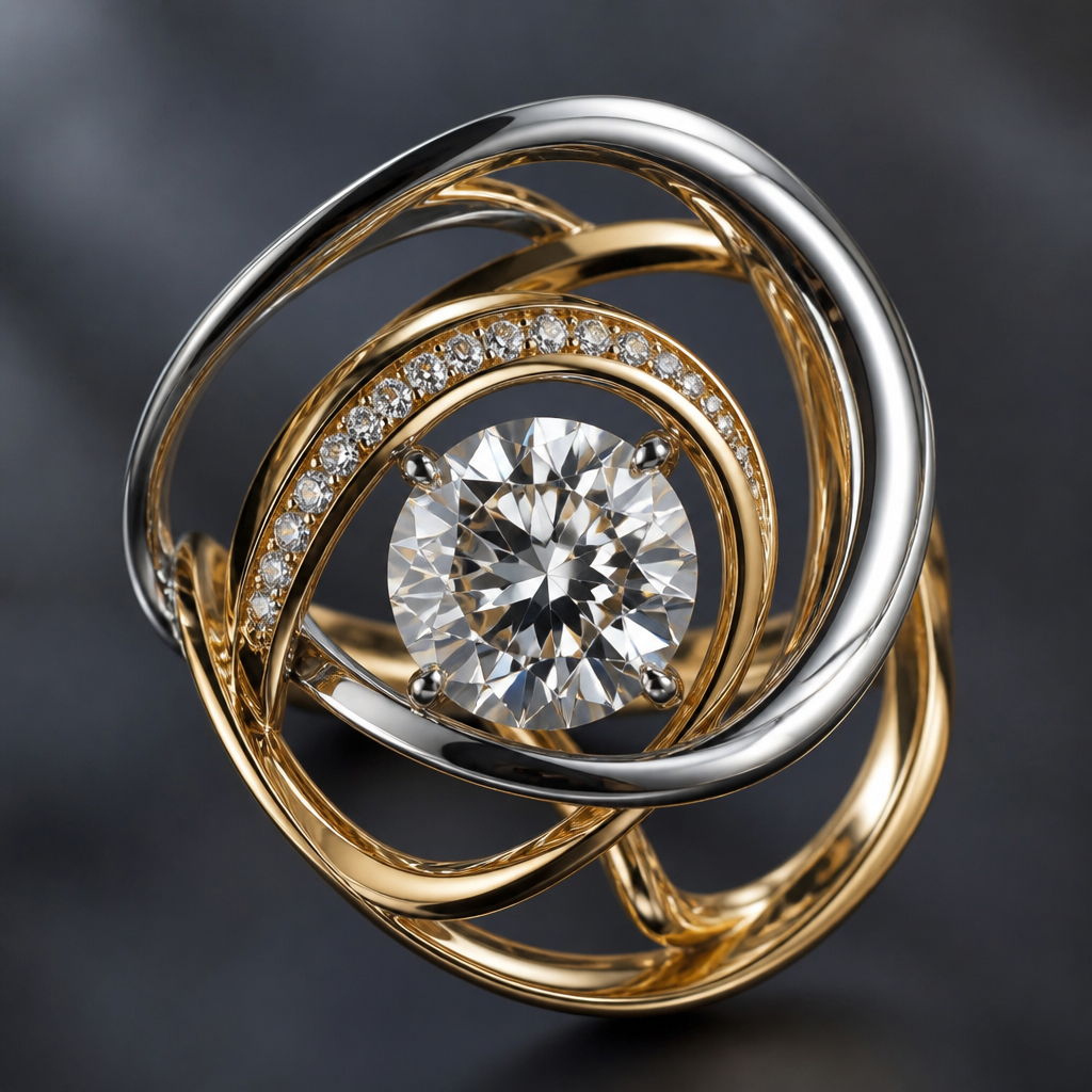 A avant-garde women's ring made of mixed metal with diamond stones suitable for festival. An extraordinary excellent beautiful delicate and elegant solitaire women ring. Face of the ring.
photorealistic jewelry design, A avant-garde women's ring made of mixed metal with diamond stones suitable for festival. An extraordinary excellent beautiful delicate and elegant solitaire women ring. Face of the ring., avant_garde style, just the design no text