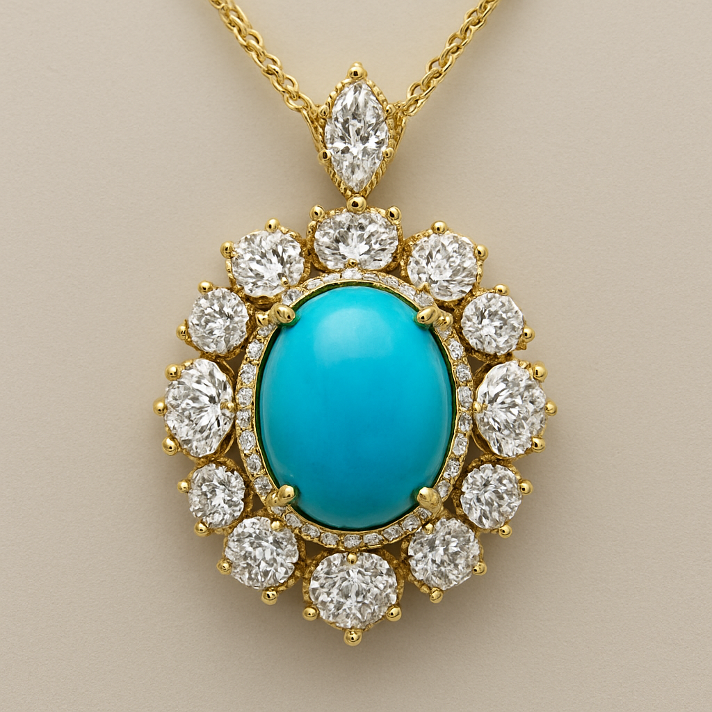 pendant , main stone oval turquise. using pear round and marquise diamond