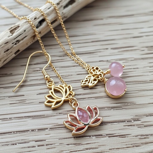 Светлое матовое золото. Серьги с лотосом на длинных цепочках. По центру лотоса неровный камень необрабаботанного розового кварца, от лотоса идет цепочка с еще одним камнем кварца на конце. Серьги тонкие и легкие