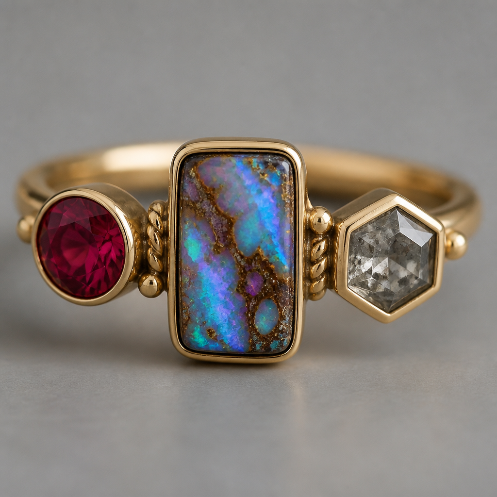 5 mm round red beryl, rectangle boulder opal, 5mm hexagon salt and pepper diamond
photorealistic jewelry design, 5 mm round red beryl, rectangle boulder opal, 5mm hexagon salt and pepper diamond
, bohemian style, just the design no text