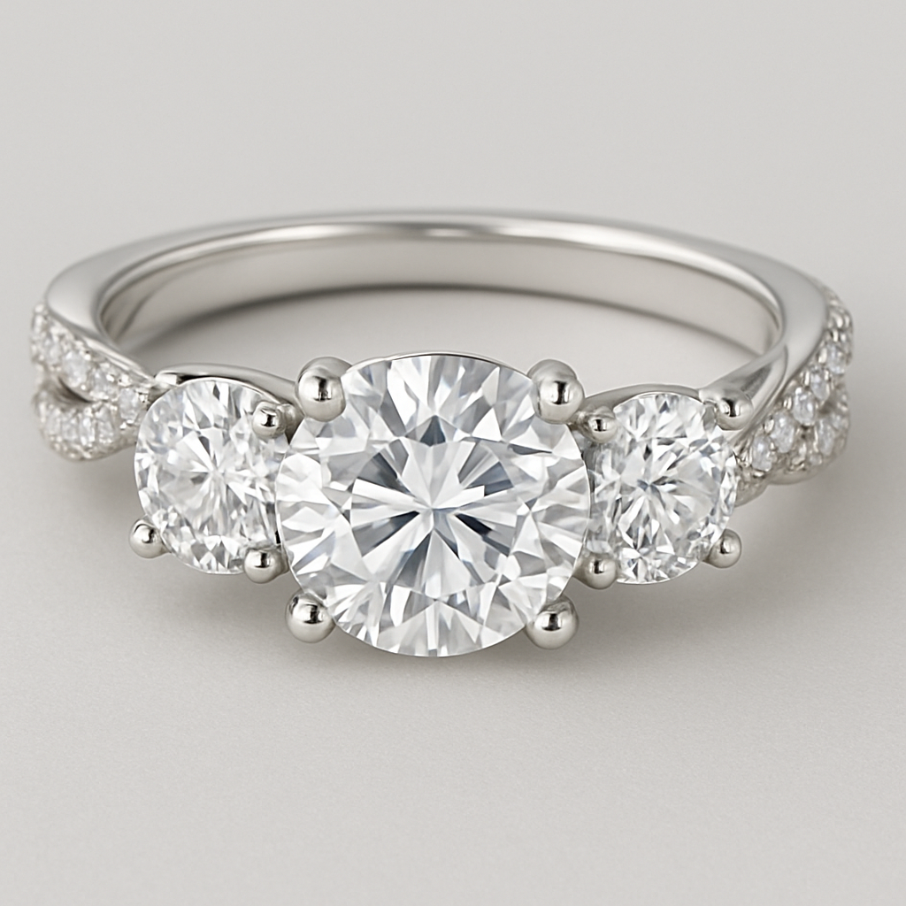 Elegant platinum 4 carat tw 3 stone ring pave twisted band