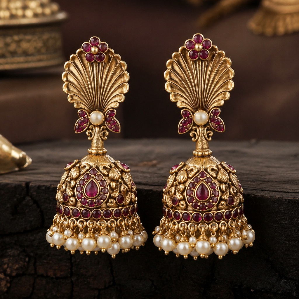 A luxury women's earrings made of gold with ruby and pearl stones suitable for festival. include shank or shell design with South Indian jhumki
photorealistic jewelry design, A luxury women's earrings made of gold with ruby and pearl stones suitable for festival. include shank or shell design with South Indian jhumki, luxury style, just the design no text