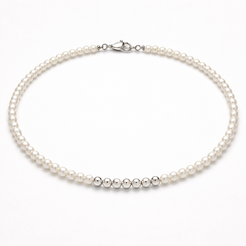 3-4mm 米形淡水珍珠頸錬配6mm 龍蝦扣
頸鍊中間珠與珠之間間5粒3mm銀珠