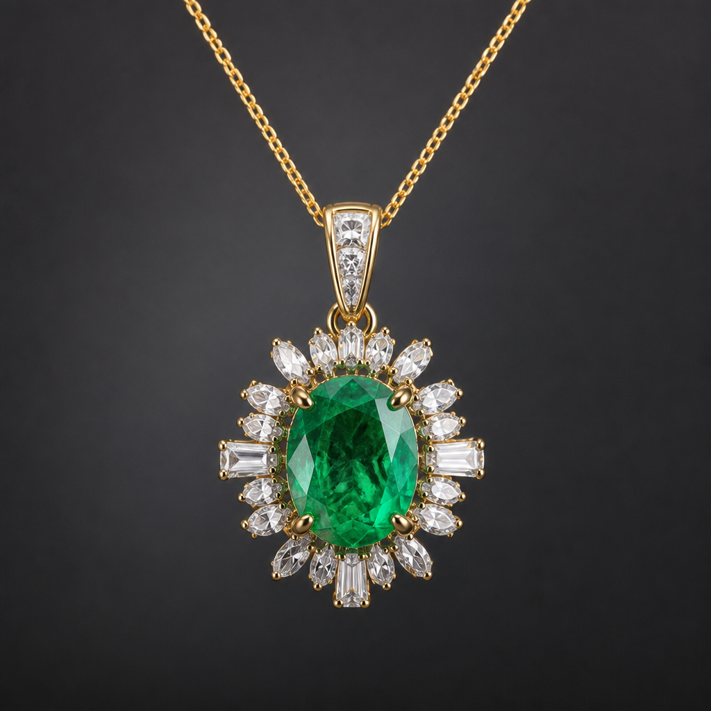 A women's pendant. A delicate green emerald one chora design necklace, ruch look , elegant piece
photorealistic jewelry design, A women's pendant. A delicate green emerald one chora design necklace, ruch look , elegant piece, modern style, just the design no text