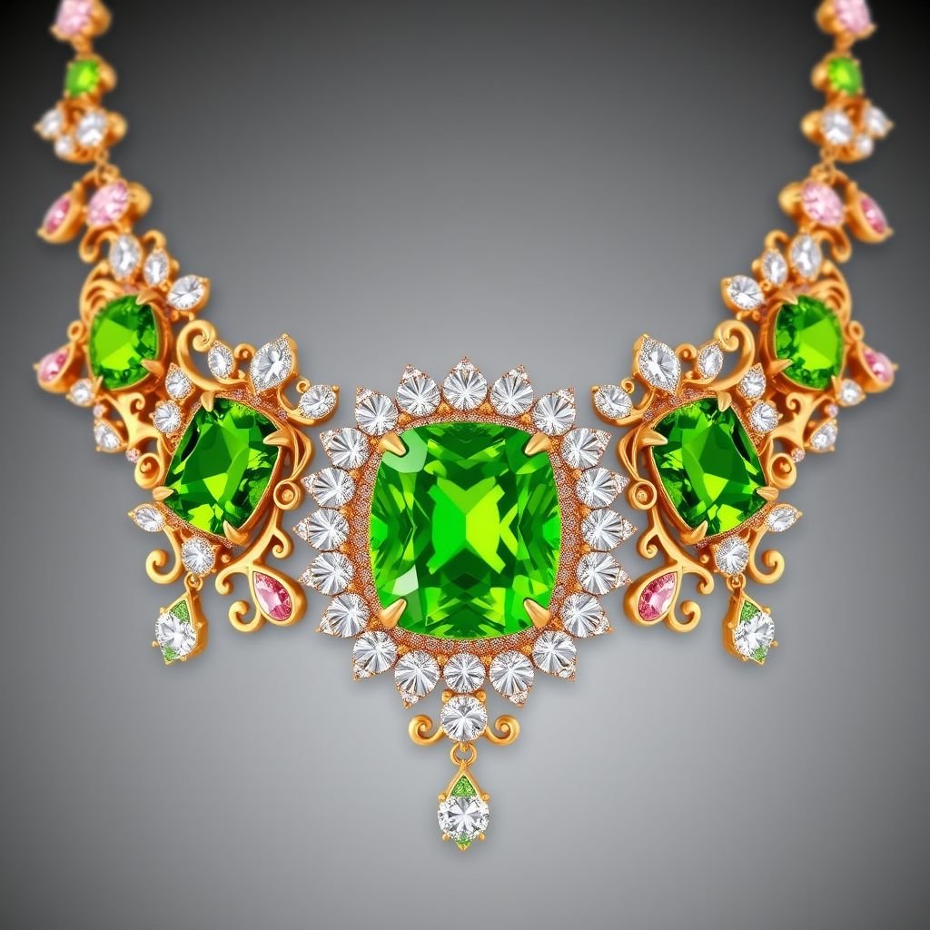 20 carat green periot and pink diamond gemstones opal cut FL IF clarity necklace