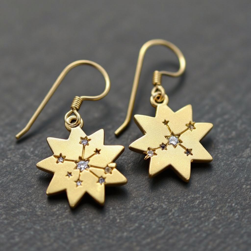 Небольшие золотые матовые серьги в виде созвездия