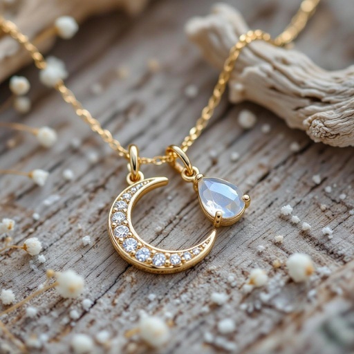 Луна полумесяцем с мелкими камушками и маленький в виде кристала лунный камень подвеска