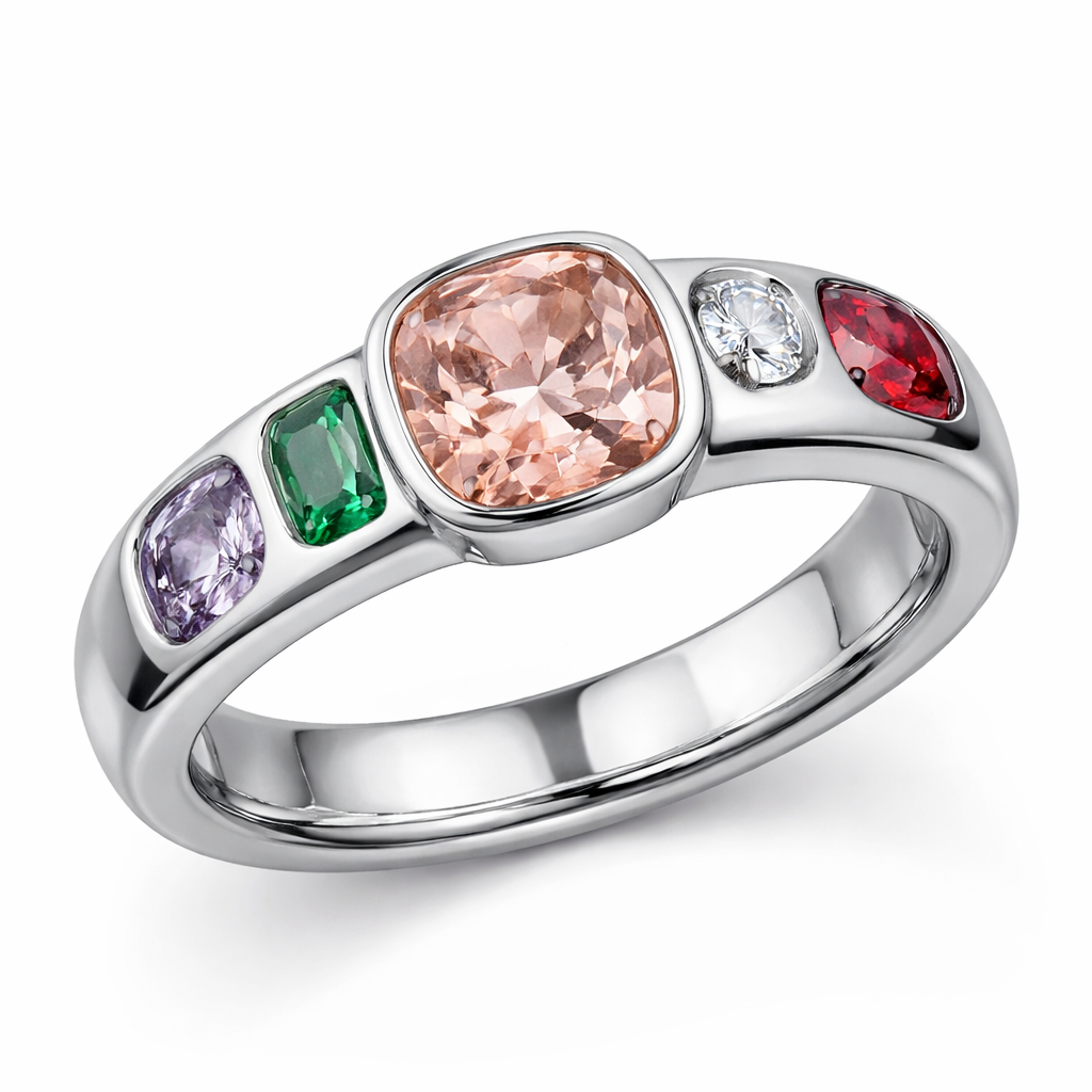 Crée moi une bague avec une morganite coussin une tsavorite taille émeraude un diamant rond un Spinel Lila taille émeraude et un Spinel rouge coussin les pierre font moins d’un demi carat sauf la morganite les pierres sont intégrés dans le corp de bague en sertie masse