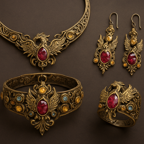 A full Ruby jewelry set including bracelet, earrings and rings with at least 10 citrine and topaz inlays with phoenix themes and an omega necklace