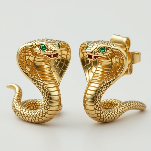 Небольшие золотые матовые серьги в виде кобры с открытым капюшоном