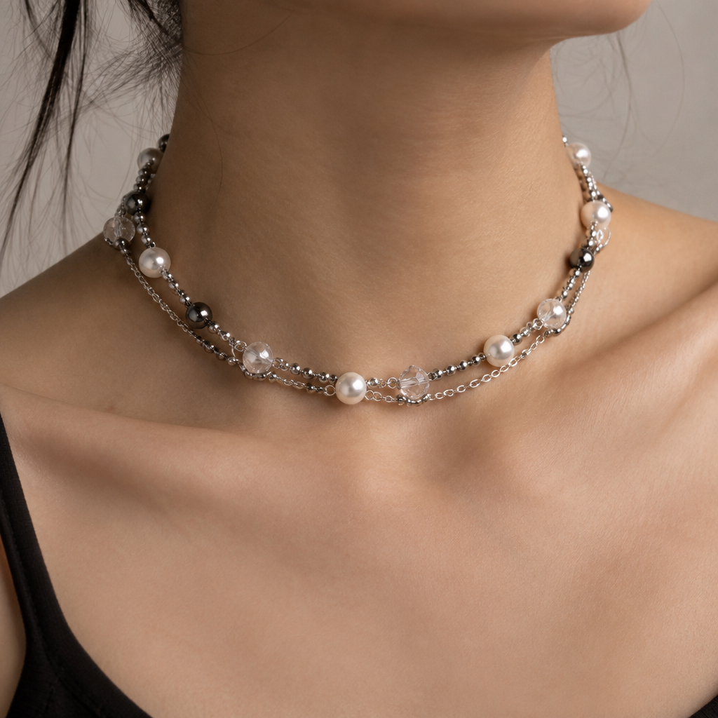 A women's necklace made of silver suitable for daily wear. повседневный чокер, с цепями, используй камни жемчуга, гематин, алмазное стекло. без подвески в середине
photorealistic jewelry design, A women's necklace made of silver suitable for daily wear. повседневный чокер, с цепями, используй камни жемчуга, гематин, алмазное стекло. без подвески в середине, modern style, just the design no text