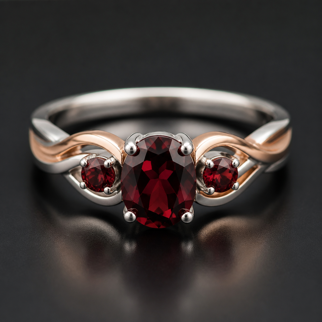 A women's ring made of mixed metal with garnet stones suitable for engagement