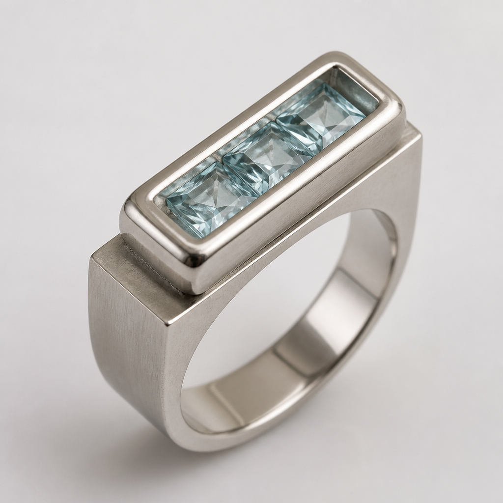 A industrial women's ring made of silver with aquamarine stones. Un anillo de líneas rectas, en la parte superior tiene un rectángulo de líneas convexas con el interior hueco en el que van las gemas
photorealistic jewelry design, A industrial women's ring made of silver with aquamarine stones. Un anillo de líneas rectas, en la parte superior tiene un rectángulo de líneas convexas con el interior hueco en el que van las gemas, industrial style, just the design no text