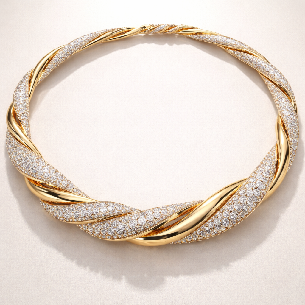 A flexible twisted modern necklace with diamond and gold